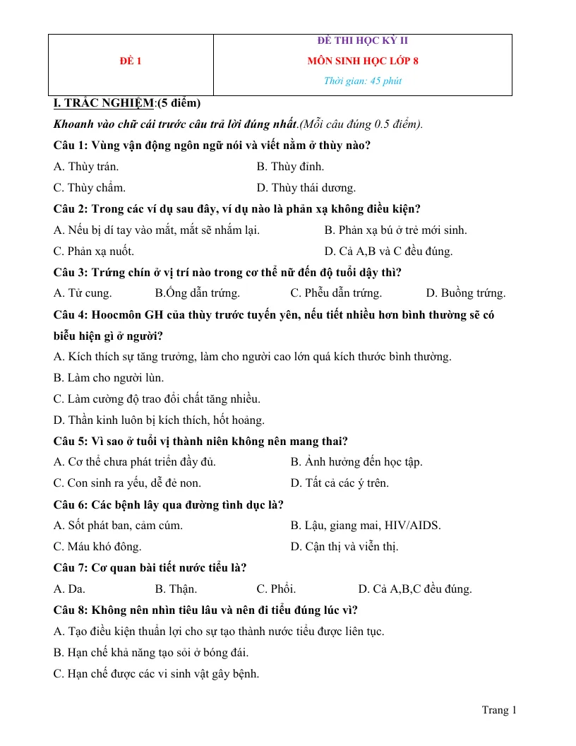 Bộ Đề Thi HK2 Môn Sinh 8