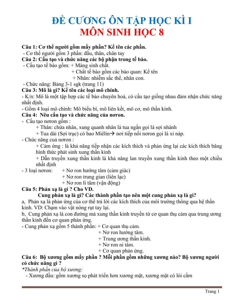 Đề Cương Ôn Tập Sinh Học 8 HK1