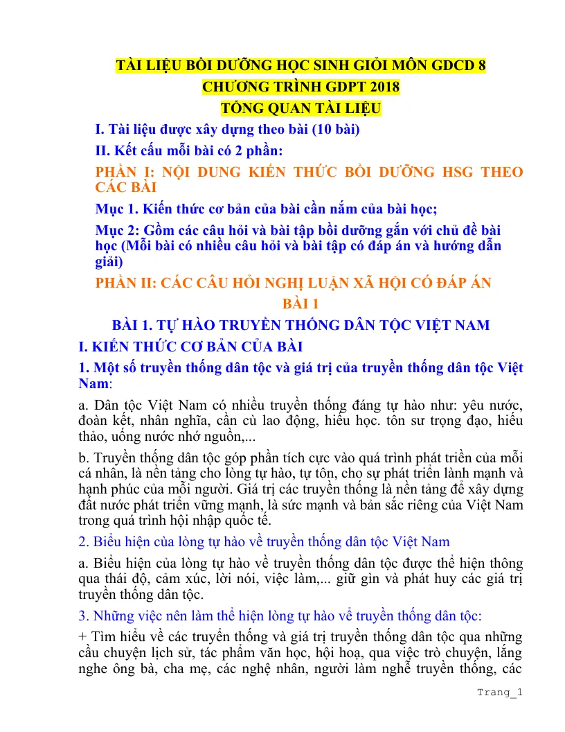Tài Liệu Bồi Dưỡng Học Sinh Giỏi GDCD 8 Sách Mới
