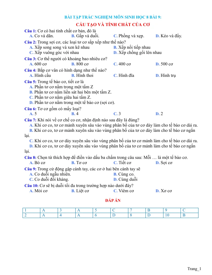 Trắc Nghiệm Sinh 8 Bài 9: Cấu Tạo Và Tính Chất Của Cơ