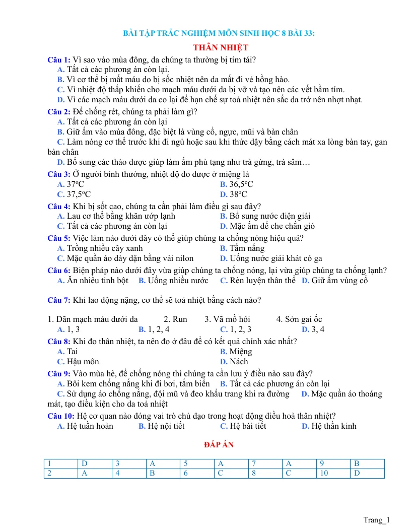 Trắc Nghiệm Sinh 8 Bài 33: Thân Nhiệt