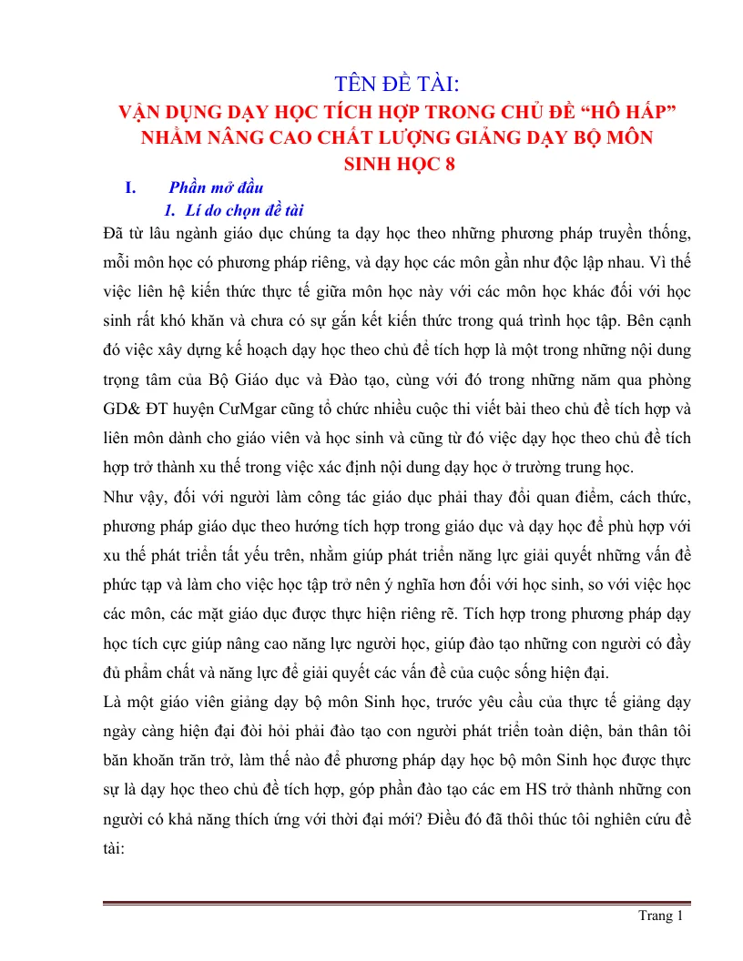 SKKN Vận Dụng Dạy Học Tích Hợp Trong Chủ Đề Hô Hấp Sinh Học 8