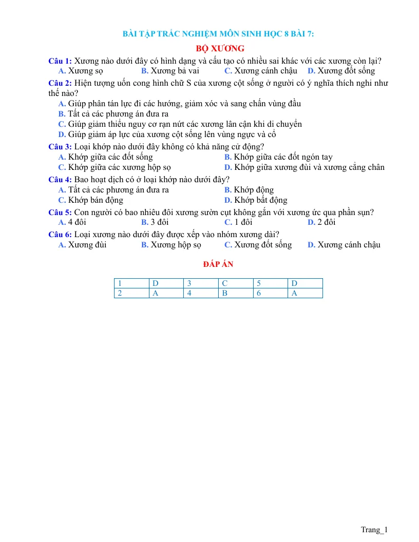 Trắc Nghiệm Sinh 8 Bài 7: Bộ Xương