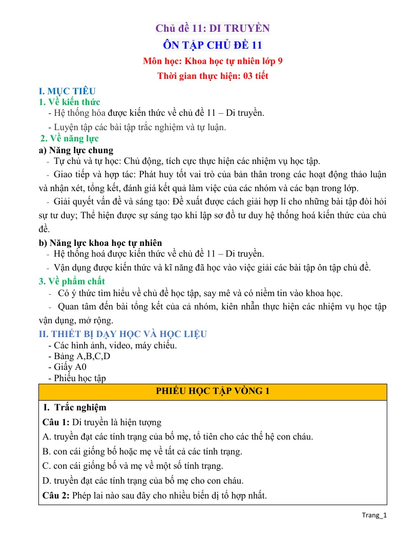 Giáo Án Ôn Tập Sinh 9 Chủ Đề 11 Di Truyền
