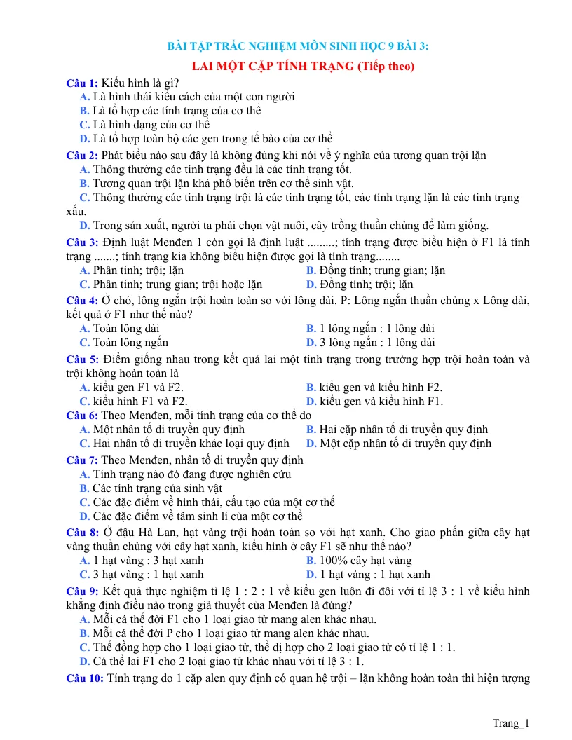 Trắc Nghiệm Sinh 9 Bài 3: Lai Một Cặp Tính Trạng (Tiếp Theo)