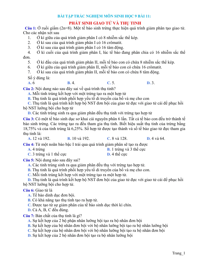 Trắc Nghiệm Sinh 9 Bài 11: Phát Sinh Giao Tử Và Thụ Tinh