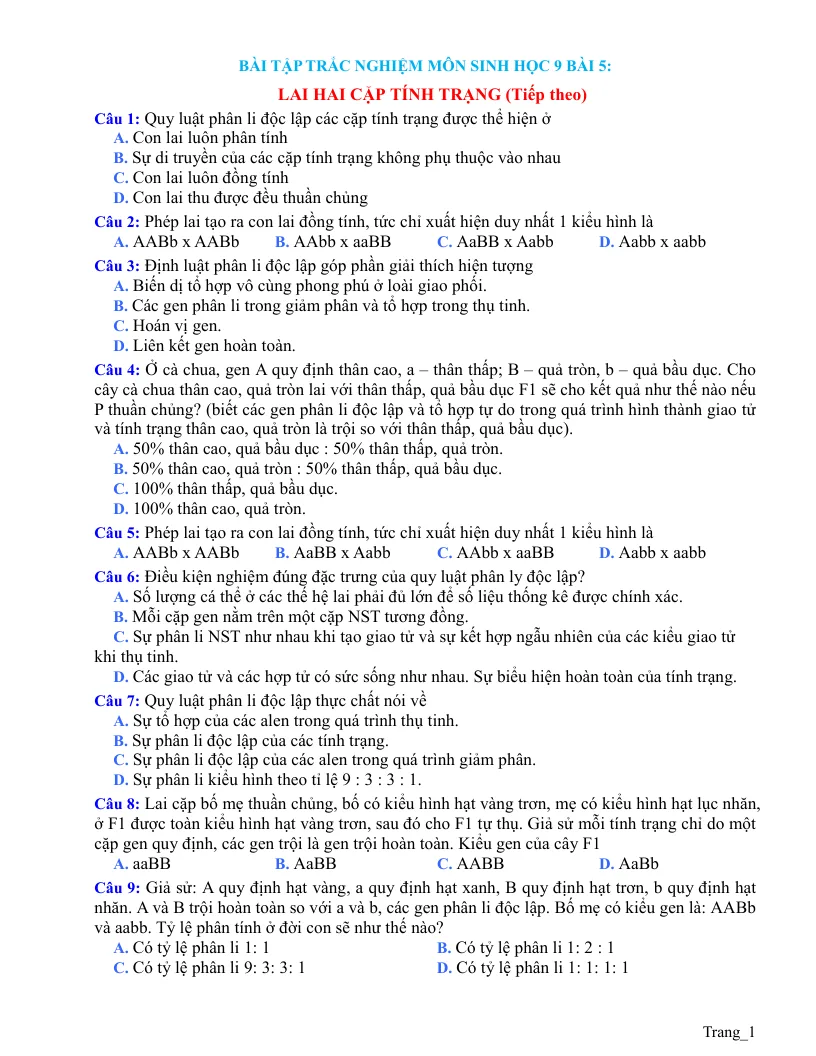 Trắc Nghiệm Sinh 9 Bài 5: Lai Hai Cặp Tính Trạng (Tiếp Theo)