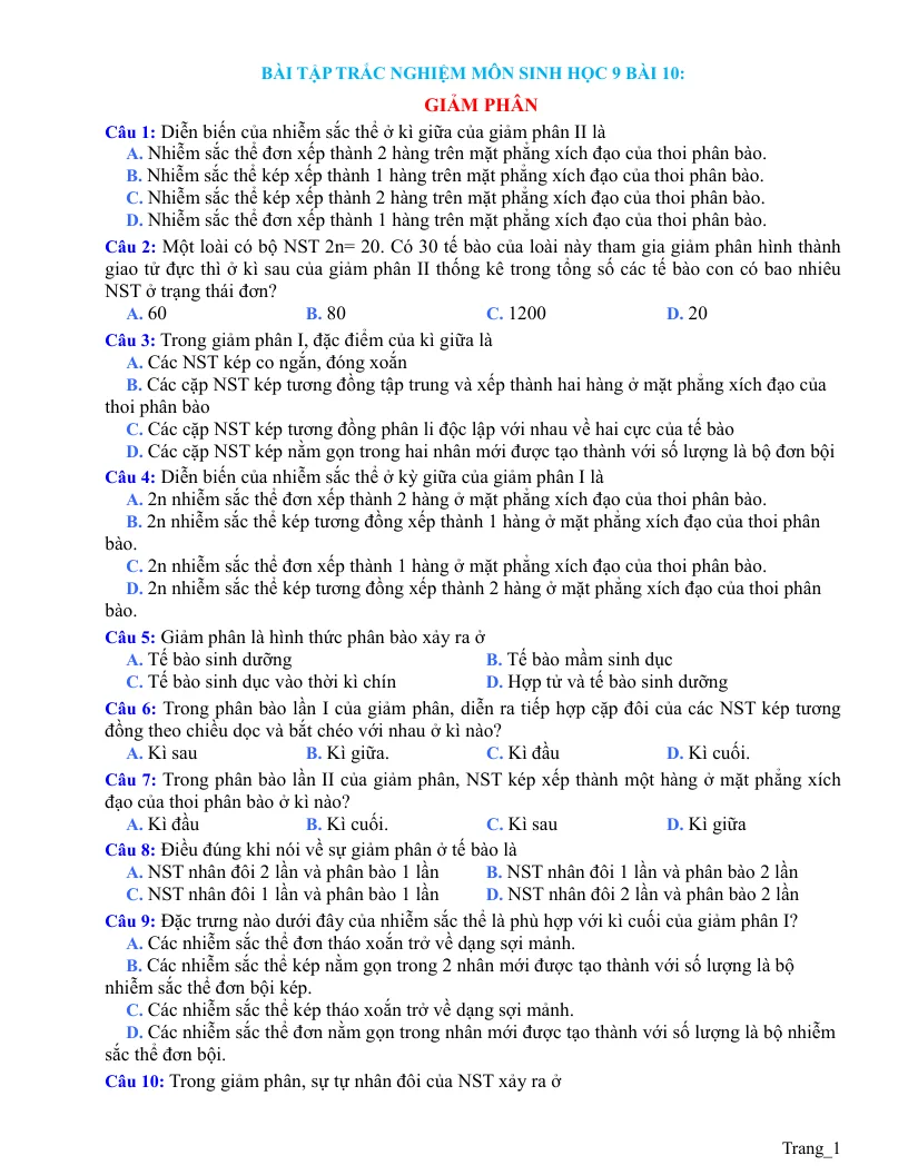 Trắc Nghiệm Sinh 9 Bài 10: Giảm Phân