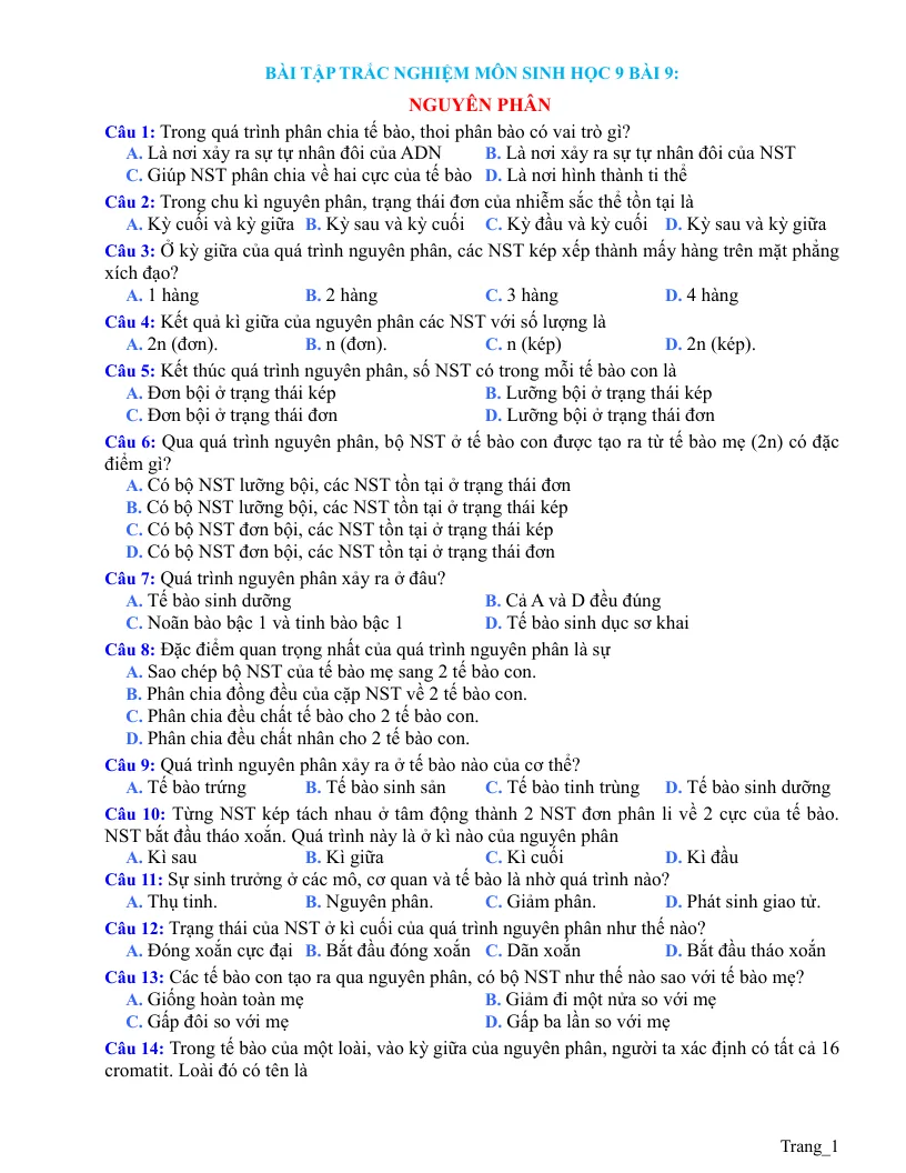 Trắc Nghiệm Sinh 9 Bài 9: Nguyên Phân