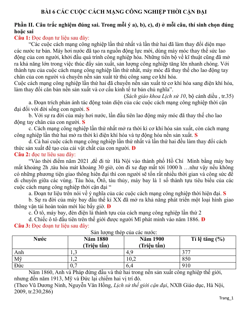 Trắc Nghiệm Đúng Sai Lịch Sử 10 Bài 6 Các Cuộc Cách Mạng Công Nghiệp Thời Cận Đại