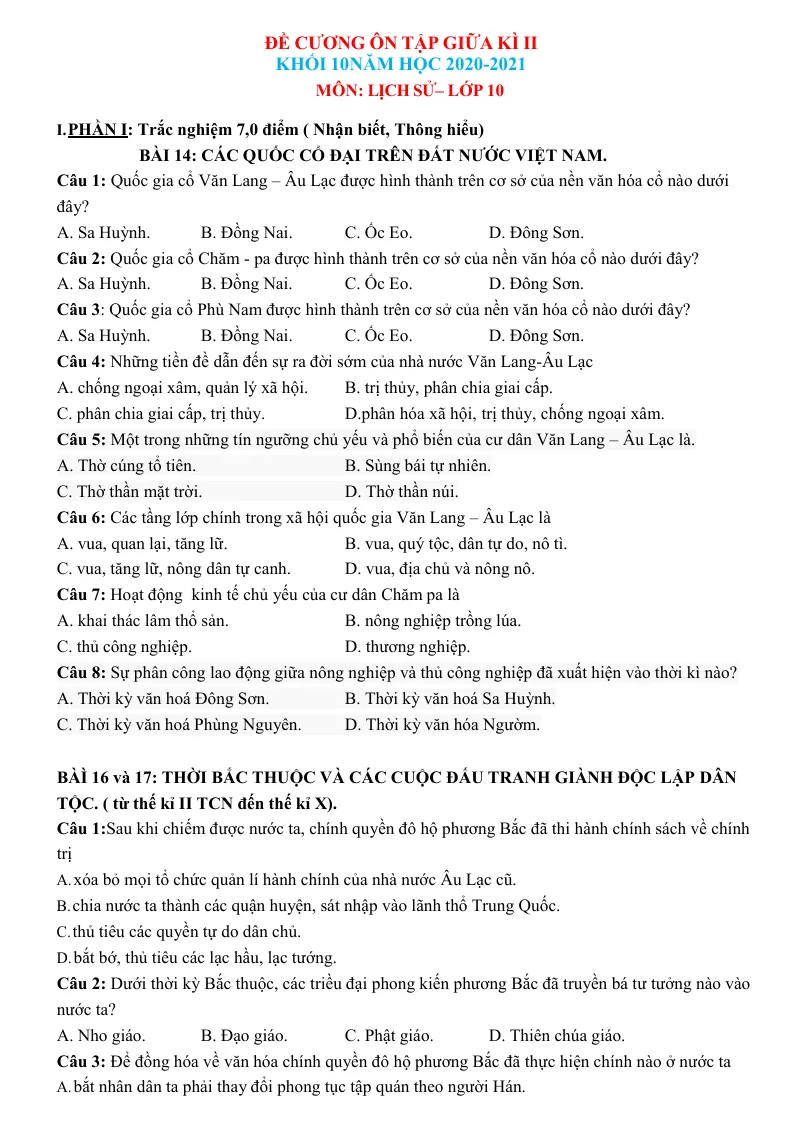 Đề Cương Ôn Tập Lịch Sử 10 Giữa Học Kỳ 2