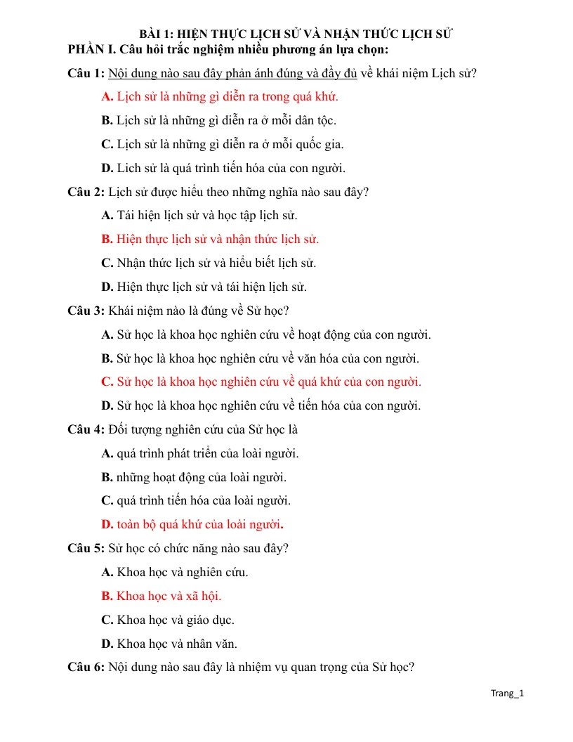 Trắc Nghiệm Đúng Sai Lịch Sử 10 Bài 1 Hiện Thực Lịch Sử Và Nhận Thức Lịch Sử