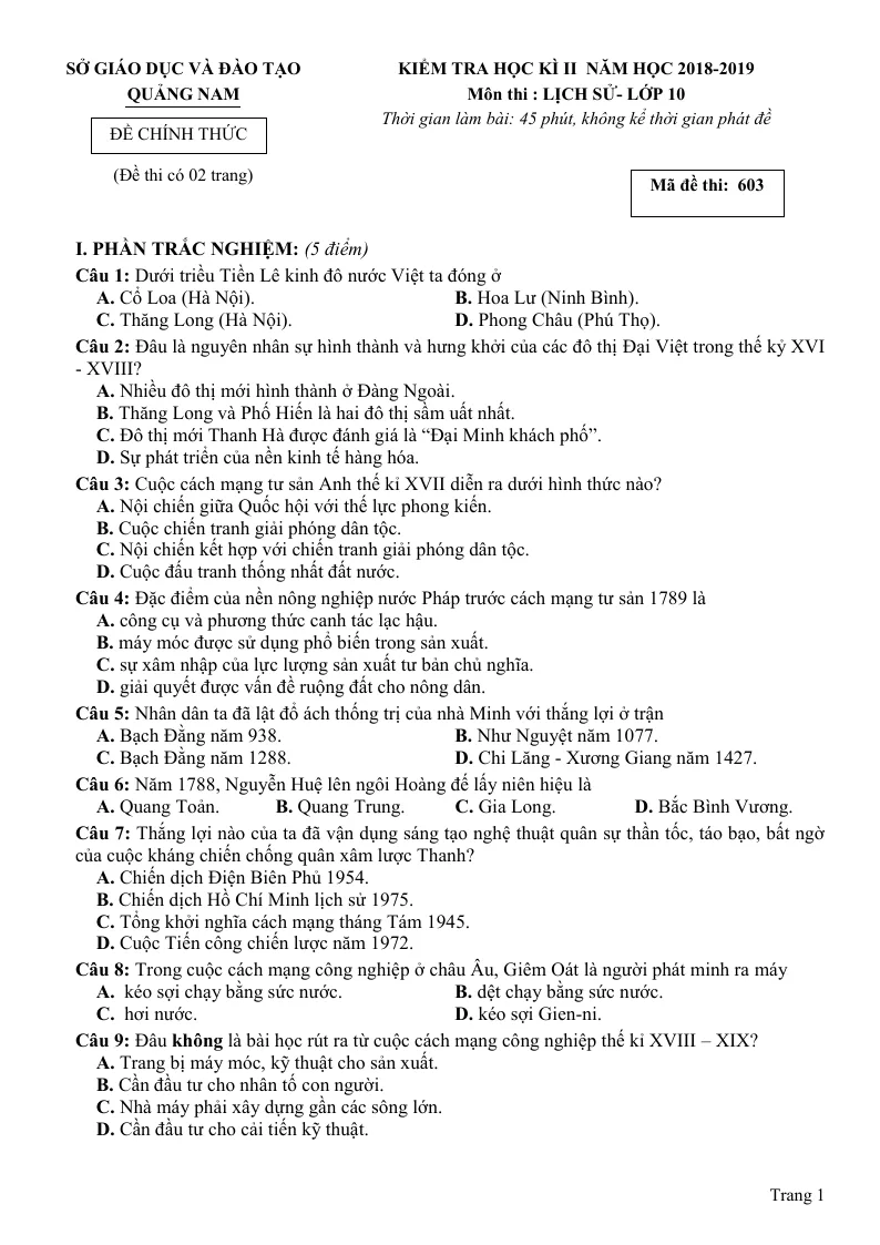 Đề Thi Học Kỳ 2 Môn Sử Lớp 10 Quảng Nam 2018 - 2019
