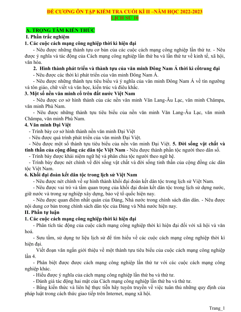 Đề Cương Ôn Tập Lịch Sử 10 Học Kỳ 2
