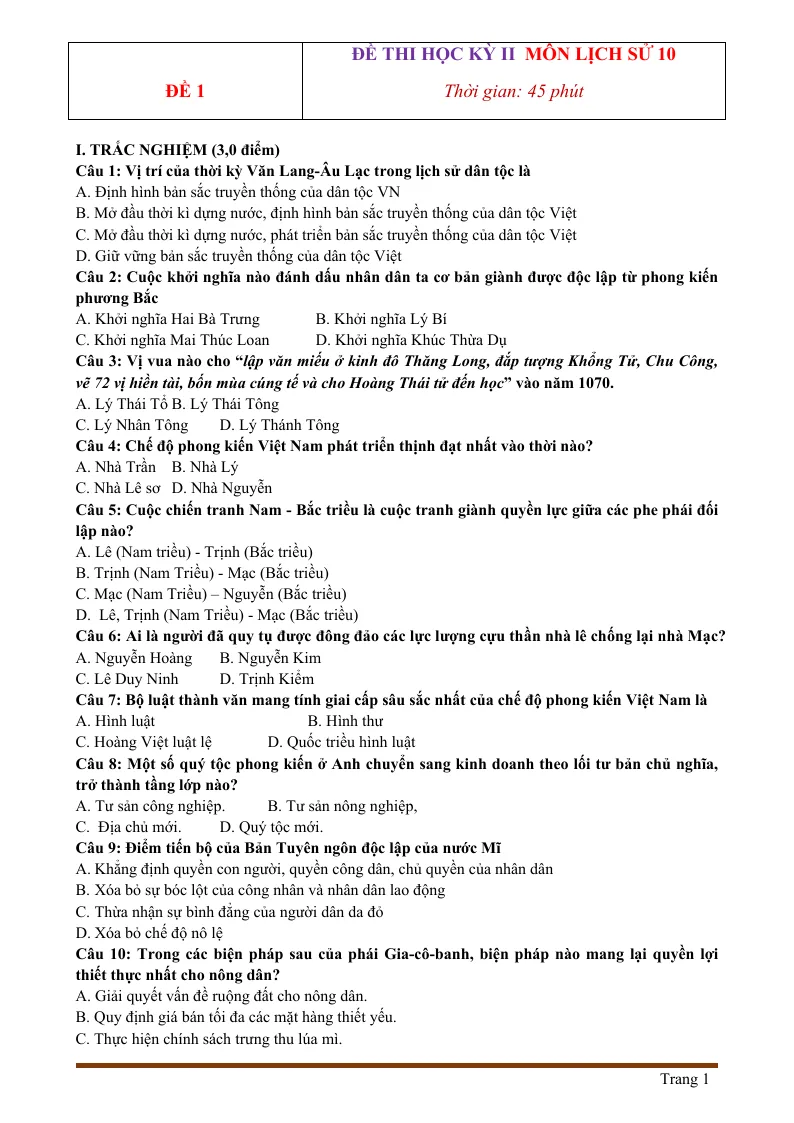 Bộ Đề Thi HK2 Môn Sử 10