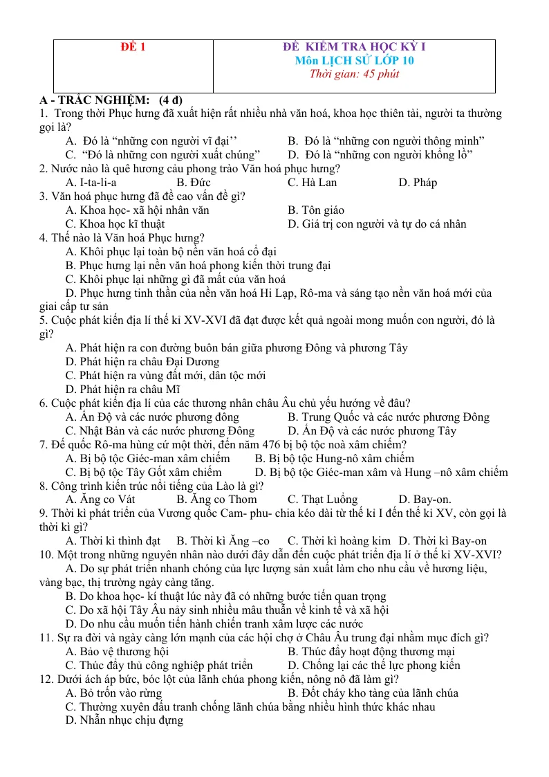 10 Đề Thi Lịch Sử 10 Học Kỳ 1