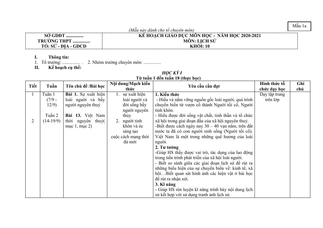 Kế Hoạch Giáo Dục Lịch Sử 10 Năm 2020 - 2021