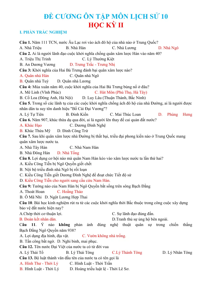 Đề Cương Ôn Tập Học Kỳ 2 Lịch Sử 10