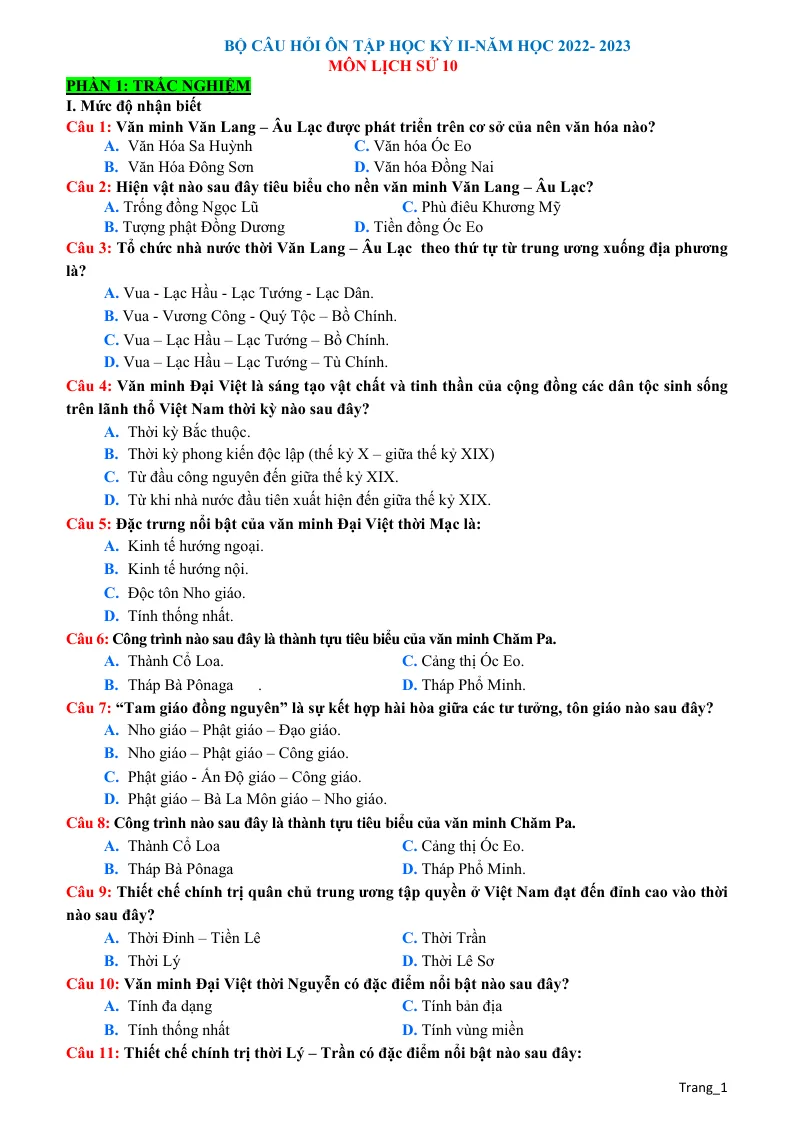 Bộ Câu Hỏi Ôn Tập Lịch Sử 10 Học Kỳ 2