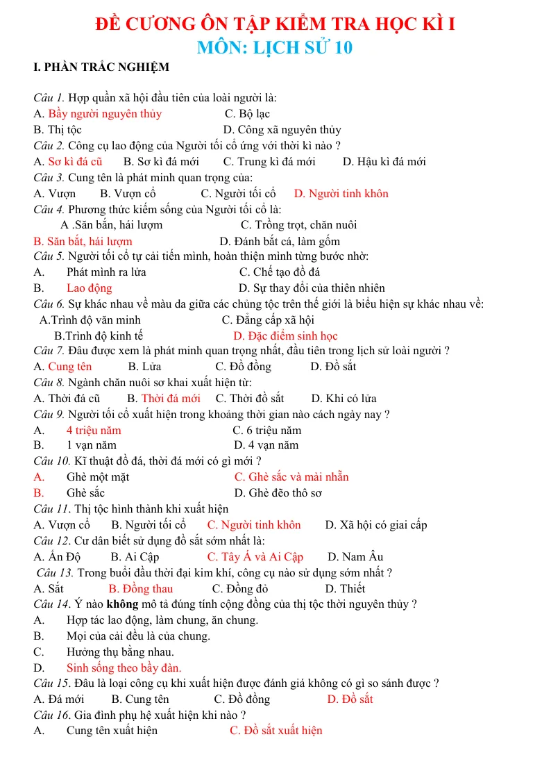 Đề Cương Ôn Thi Học Kỳ 1 Lịch Sử 10