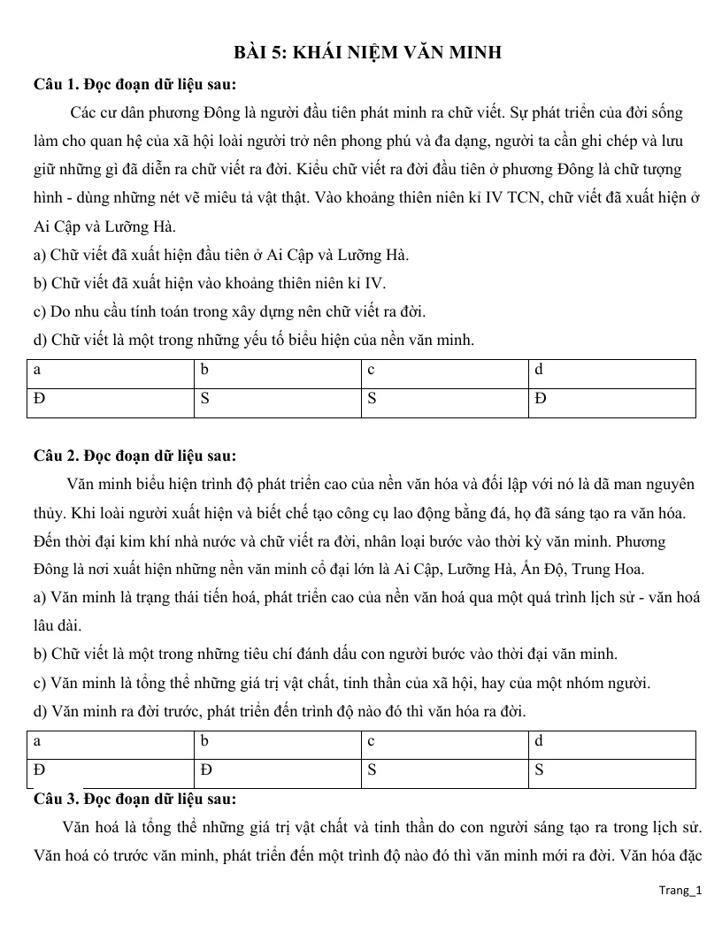 Trắc Nghiệm Đúng Sai Lịch Sử 10 Bài 5 Khái Niệm Văn Minh