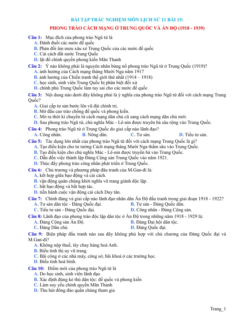 Trắc Nghiệm Sử 11 Bài 15: Phong Trào Cách Mạng Ở Trung Quốc Và Ấn Độ (1918 - 1939)