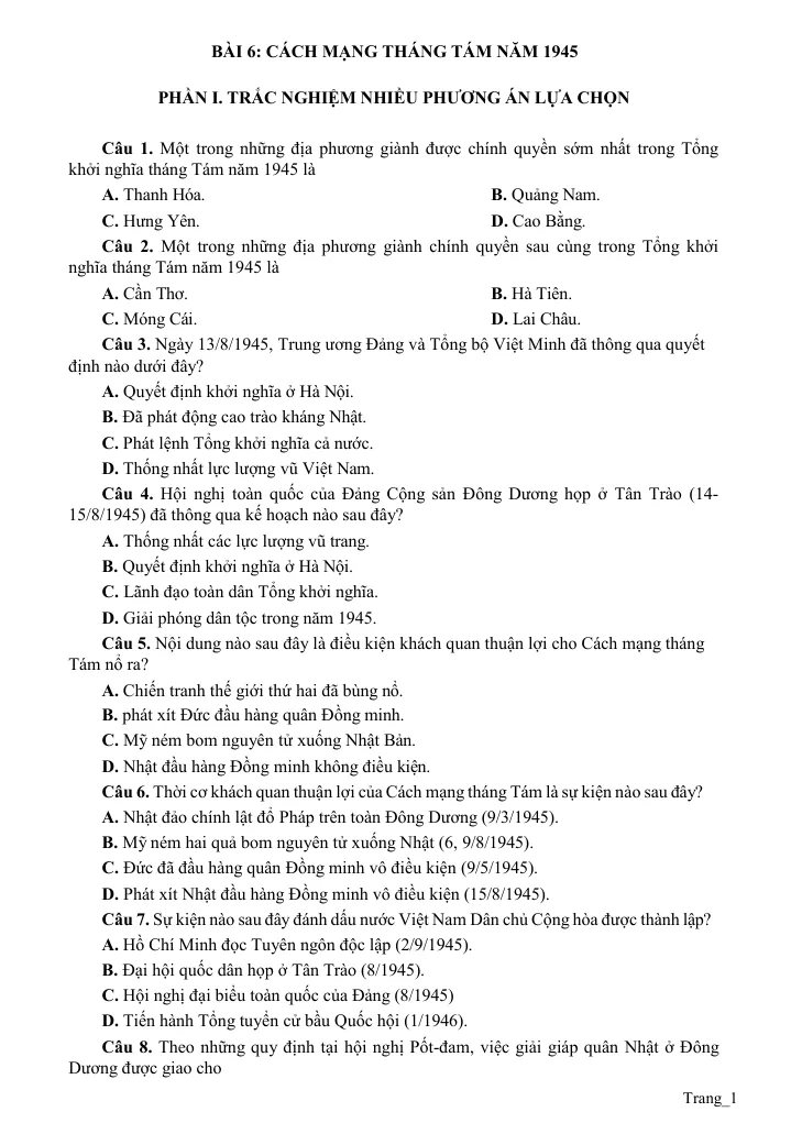 Đề Cương Ôn Tập HK1 Sử 12 Cấu Trúc Mới Theo Từng Bài Học