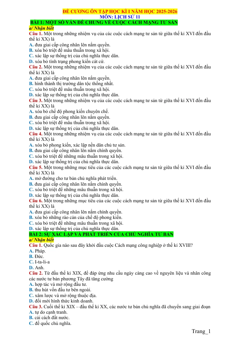 Đề Cương Ôn Tập Học Kỳ 1 Lịch Sử 11 2025 - 2026