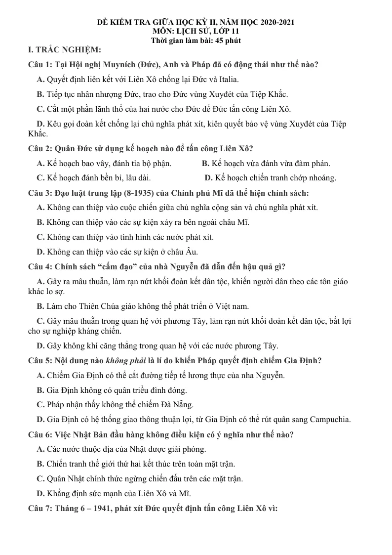 Đề Kiểm Tra Giữa Học Kỳ 2 Lịch Sử 11 Năm Học 2020 - 2021