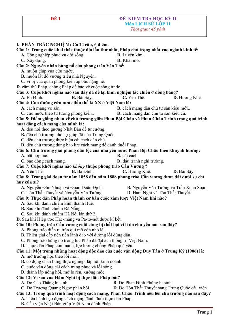 Bộ Đề Thi Môn Sử 11 HK2