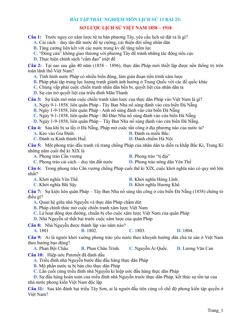 Bài Tập Trắc Nghiệm Sử 11 Bài 25: Sơ lược lịch sử Việt Nam 1858–1918