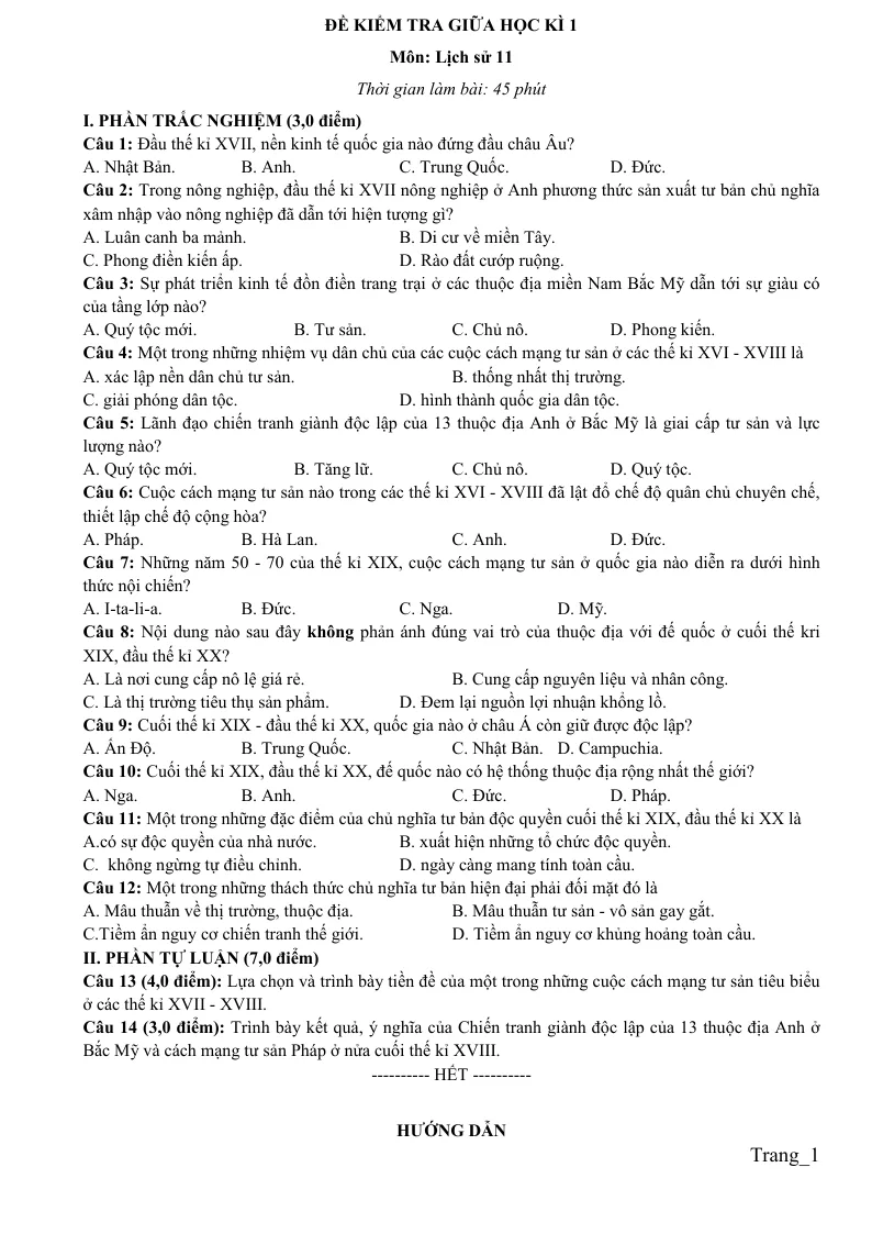 Đề Kiểm Tra Giữa Học Kỳ 1 Lịch Sử 11