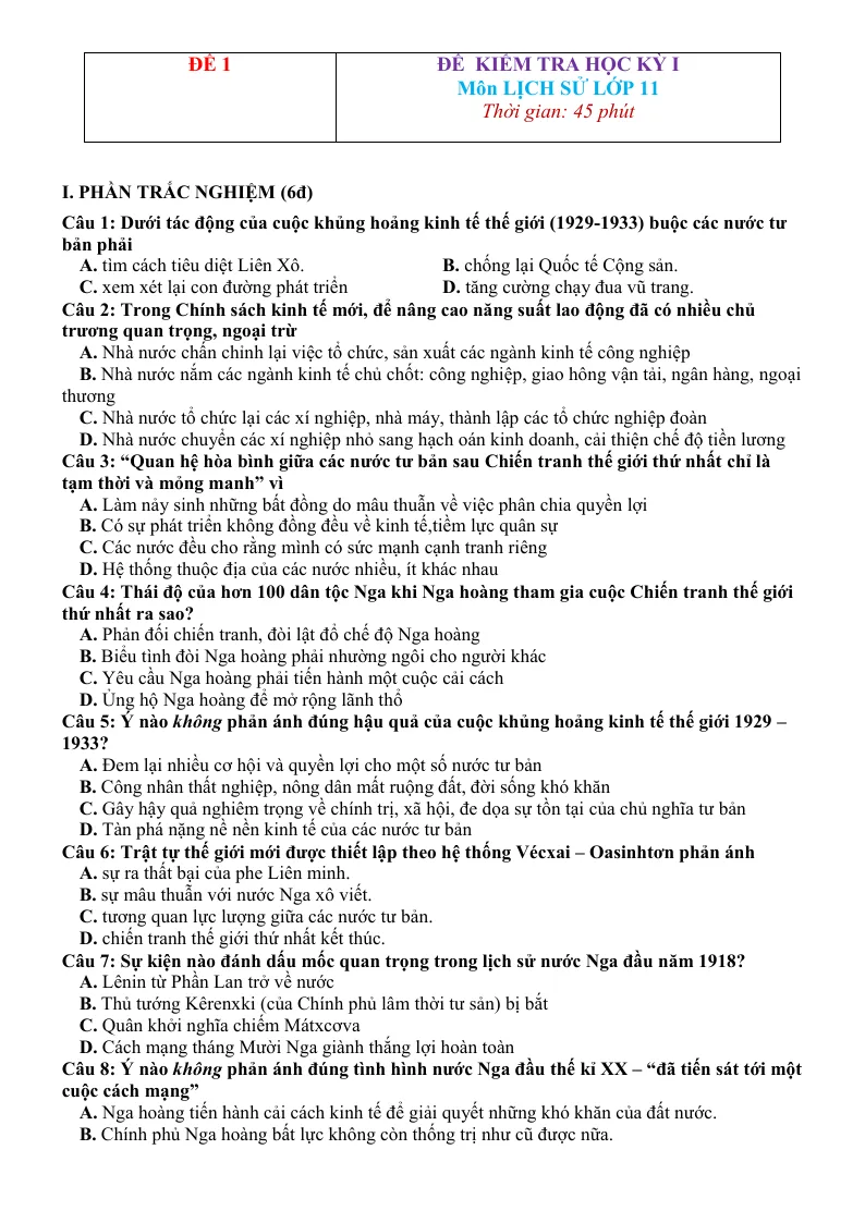 10 Đề Thi Học Kỳ 1 Lịch Sử 11