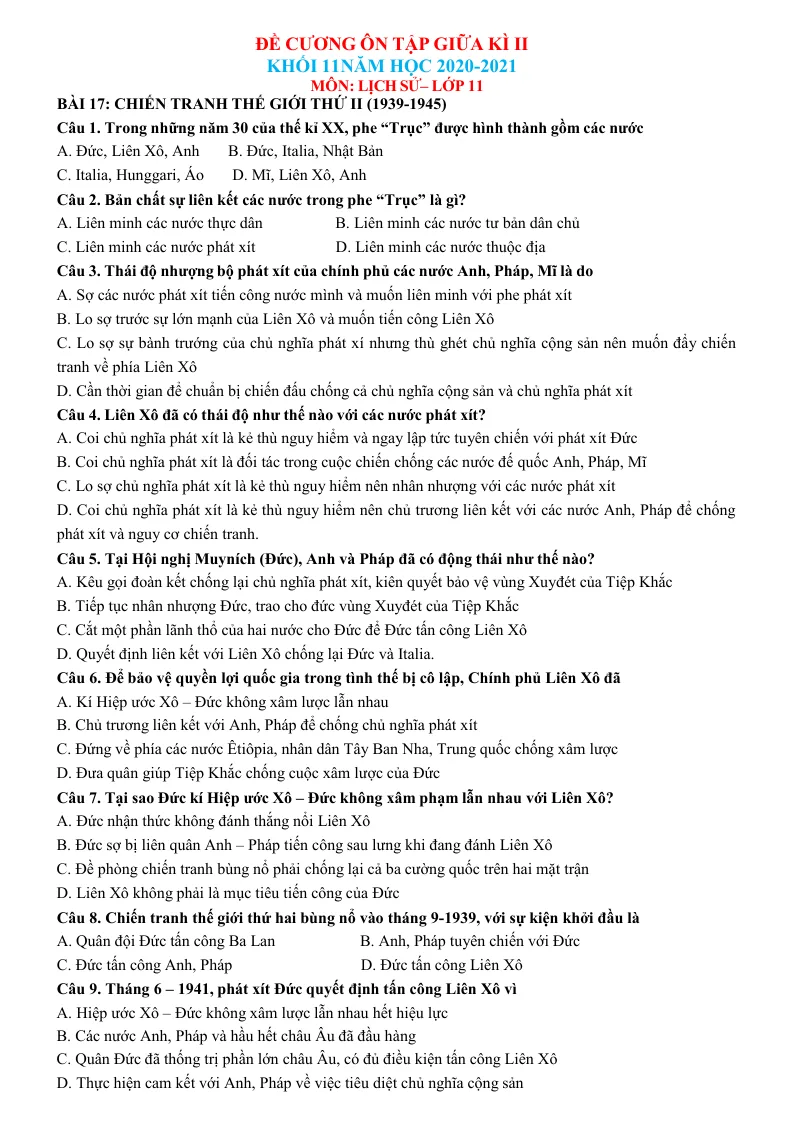 Đề Cương Ôn Tập Lịch Sử 11 Giữa Học Kỳ 2