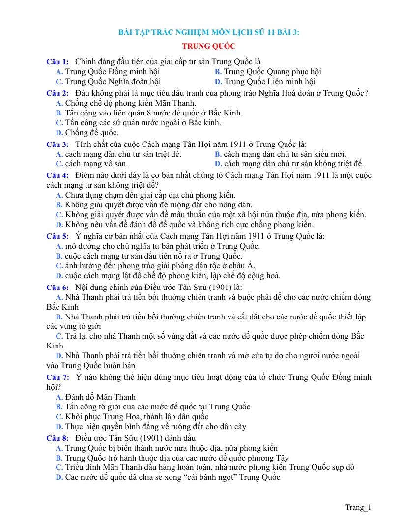 Trắc Nghiệm Sử 11 Bài 3: Trung Quốc