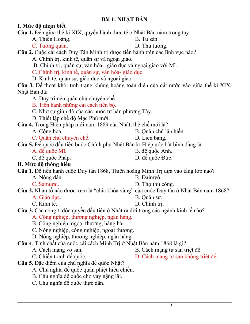Tổng hợp câu hỏi trắc nghiệm lịch sử lớp 11