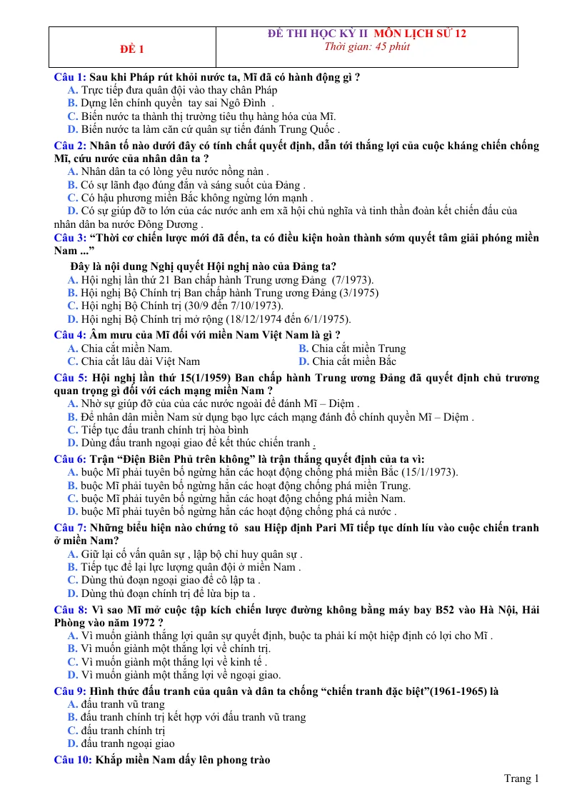 Bộ Đề Thi HK2 Môn Sử 12
