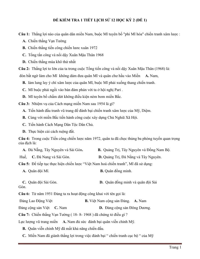 Đề Kiểm Tra 1 Tiết Lịch Sử 12 HK2