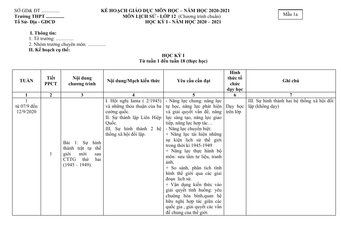 Kế Hoạch Giáo Dục Môn Sử 12 Cả Năm