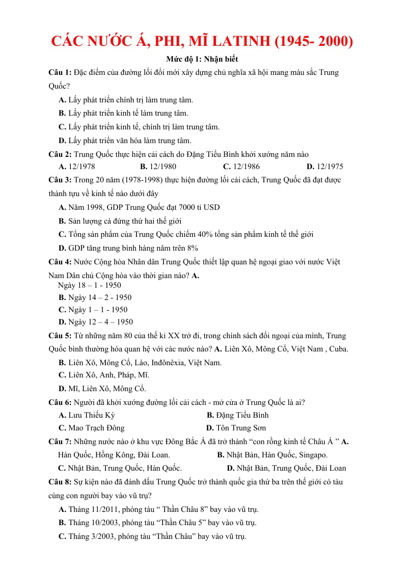 140 Câu Trắc Nghiệm Các Nước Á Phi Mĩ La Tinh (1945 - 2000)