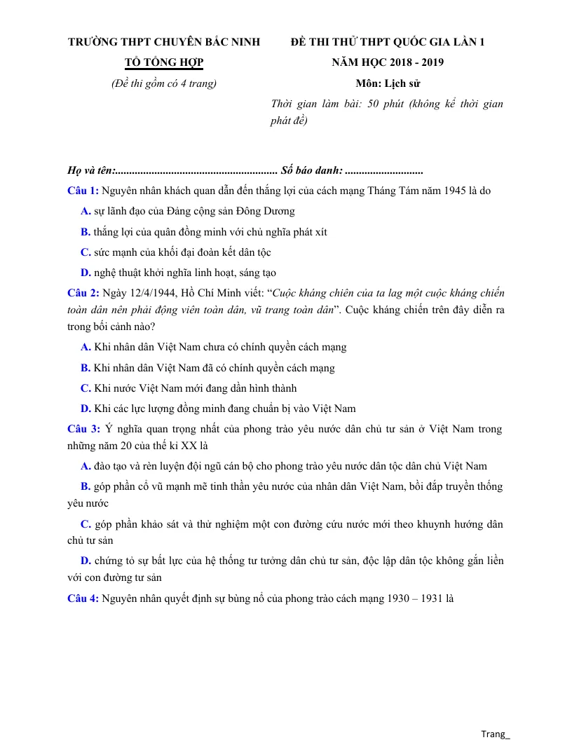 Tuyển Chọn 30 Đề Thi Thử THPT Quốc Gia Môn Lịch Sử 2019