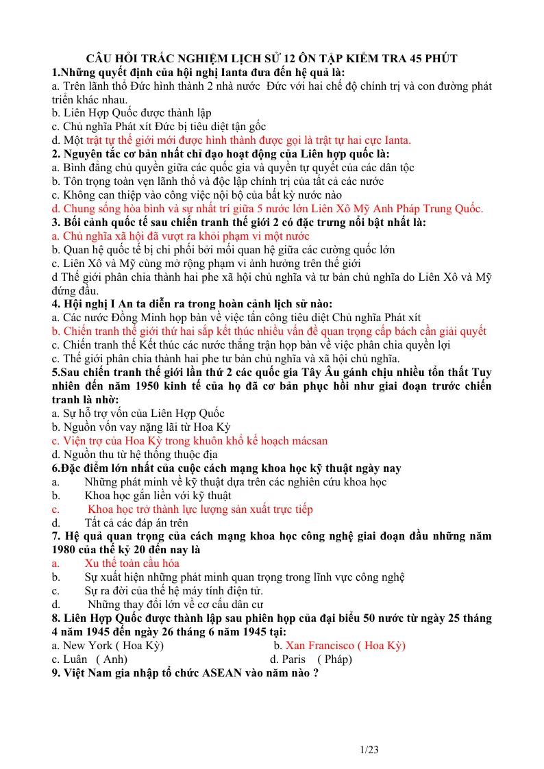 Câu hỏi trắc nghiệm lịch sử 12 ôn tập kiểm tra 45 phút