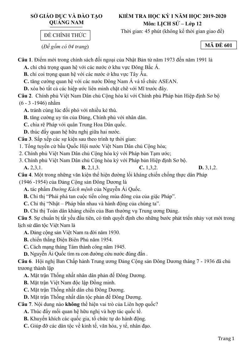 Đề Thi HK1 Môn Lịch Sử 12 Quảng Nam 2019 - 2020