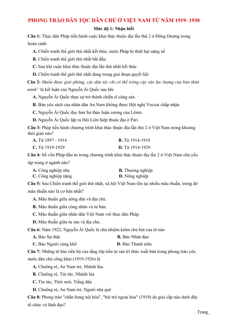 120 Câu Trắc Nghiệm Phòng Trào Dân Tộc Dân Chủ Ở Việt Nam (1919 - 1930)