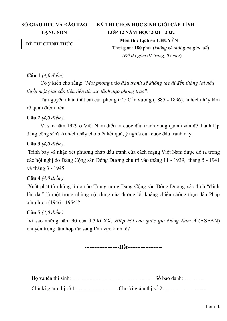Đề Thi HSG Sử 12 Chuyên Sở GD - ĐT Lạng Sơn 2021 - 2022
