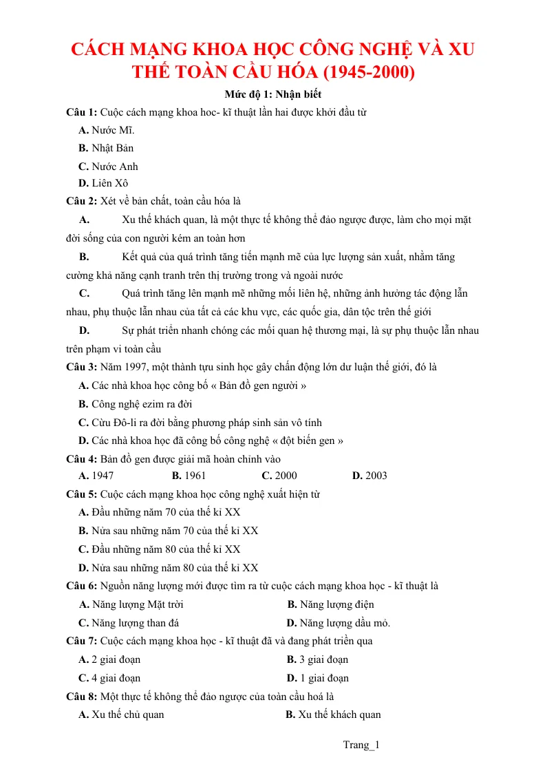 55 Câu Trắc Nghiệm Cách Mạng Khoa Học Công Nghệ Và Xu Thế Toàn Cầu Hóa (1945 - 2000)