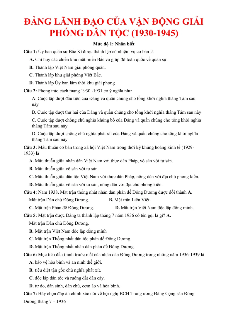 Trắc Nghiệm Đảng Lãnh Đạo Vận Động Giải Phóng Dân Tộc (1930 - 1945)