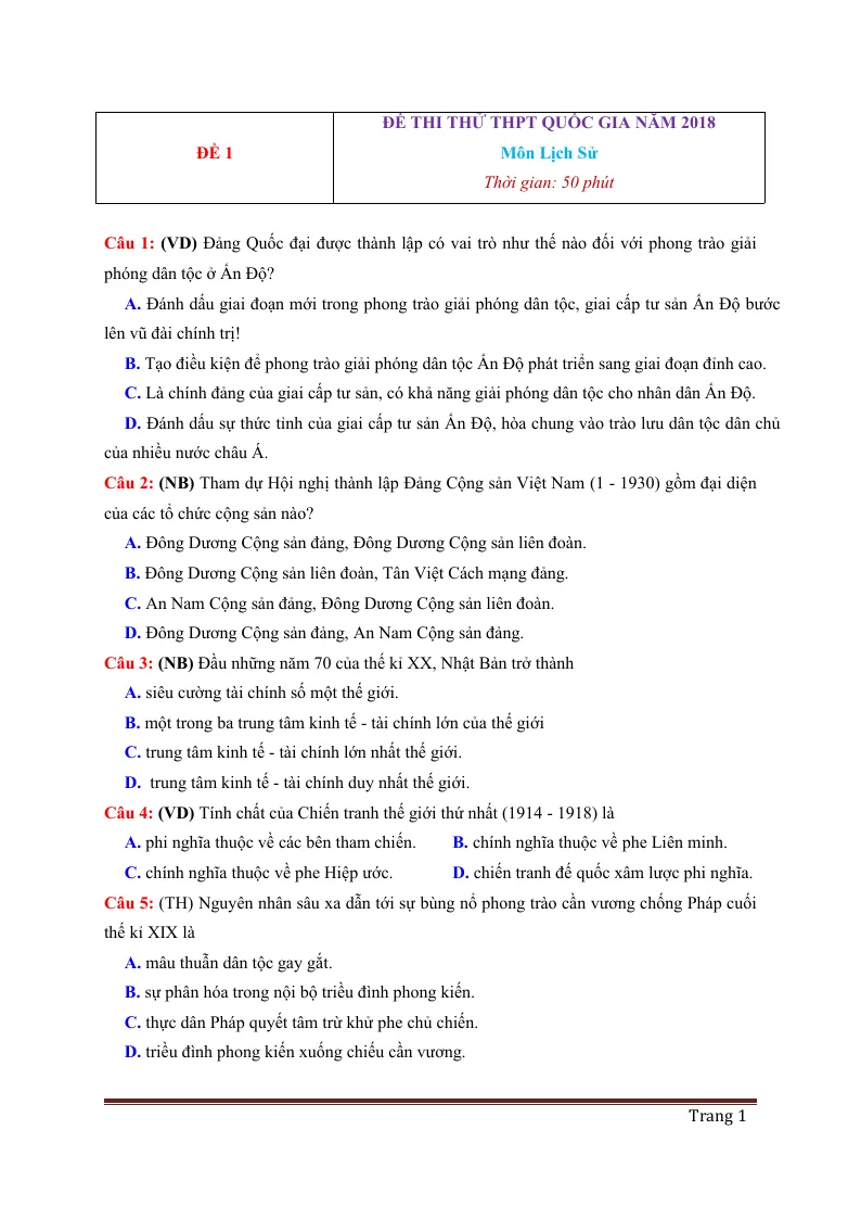 6 Đề Thi Thử THPT Quốc Gia Môn Lịch Sử
