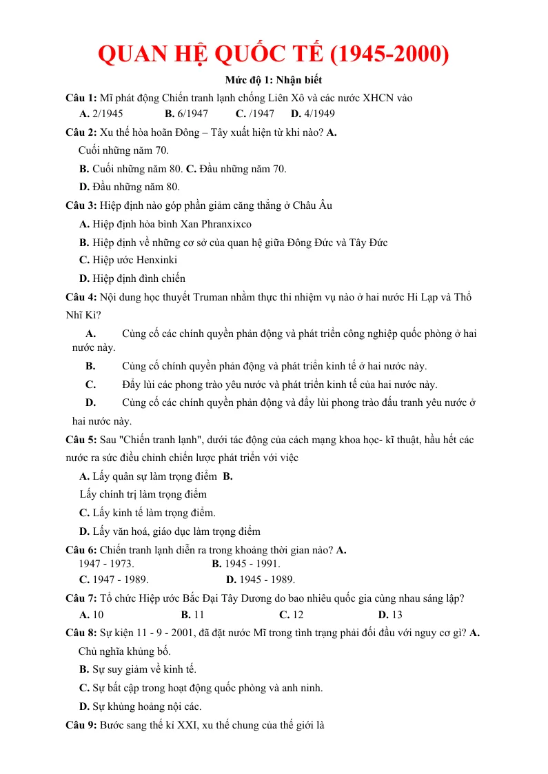 60 Câu Trắc Nghiệm Quan Hệ Quốc Tế (1945 - 2000)