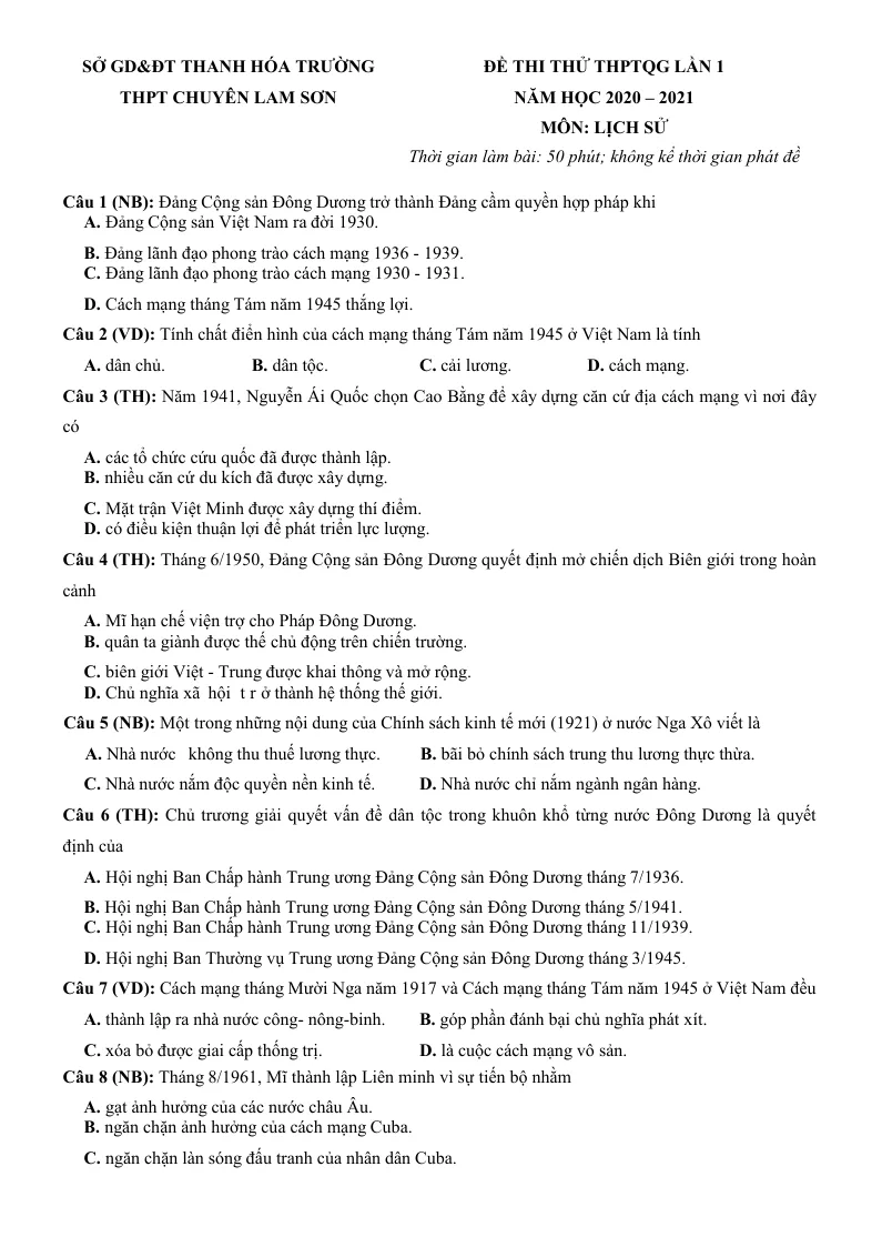 Đề Thi Thử TN THPT 2021 Môn Sử Trường Chuyên Lam Sơn Lần 1